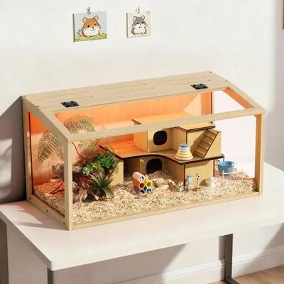 Imagen del producto de Jaula para hámster, de madera, jaula para pequeños animales, jaula para roedores, jaula para ratones con tapa plegable, 80 x 40 x 40 cm, color natural