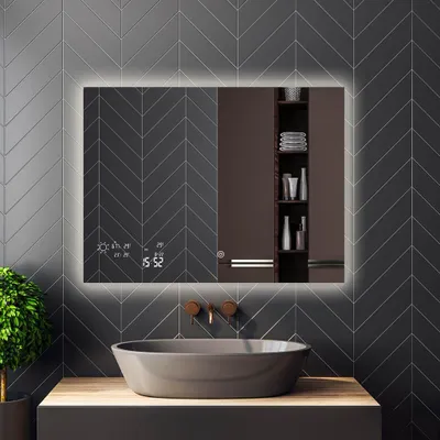 Produktbild von Heidenfeld LED Badezimmerspiegel | Wandspiegel mit Heizung - Infrarot Spiegelheizung - WLAN Display- Wetteranzeige - Dimmbar Anti-Beschlag - 250 Watt
