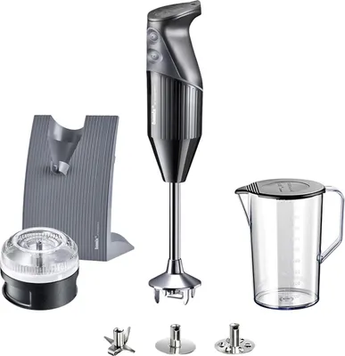 Immagine prodotto di Frullatore a immersione Bamix M 200 Swissline, corpo in acciaio inossidabile, 200 Watt, recipiente da 0,9 l, 2 velocità, accessorio tritatutto universale
