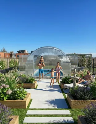 Obrázek produktu pro Krycí plachta na bazén Garten Dream "Grand Oasis" 4x10M s 4mm polykarbonátem Celoroční použití. Odolný proti sněhu a větru. Dvojité dveře. Ochrana proti korozi