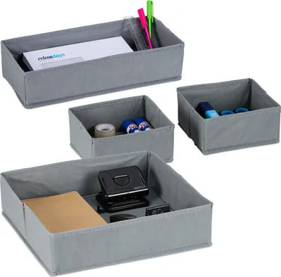 Produktbild von Relaxdays Schubladen Organizer Vlies, 4-tlg. Ordnungssystem Schreibtisch, 3 Größen, Schubladeneinsatz, Trennbox, grau