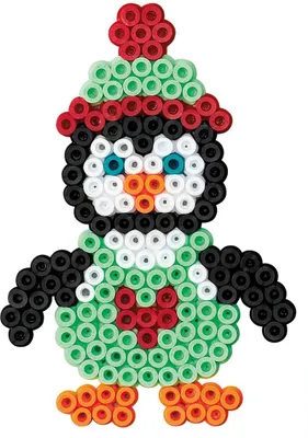 A craft project of a penguin made from beads.