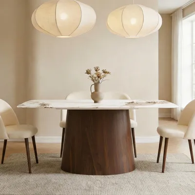 Produktbild von Esstisch NAMOS 180 x 90 cm in Marmor-Optik, Weiß/Braun - Design Tisch mit Keramikplatte, robust und pflegeleicht, elegantes Säulengestell in dunkler Holzoptik, ideal für moderne Einrichtungskonzepte.