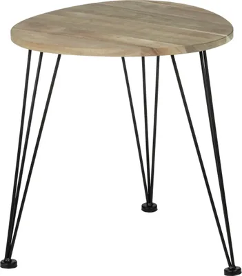 A kidney-shaped wooden table with black metal legs against a white background.