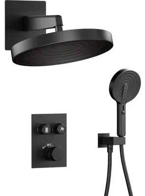 Image de Ensemble de robinet de douche encastré, thermostat, douchette de pluie et pommeau de douche, finition noire