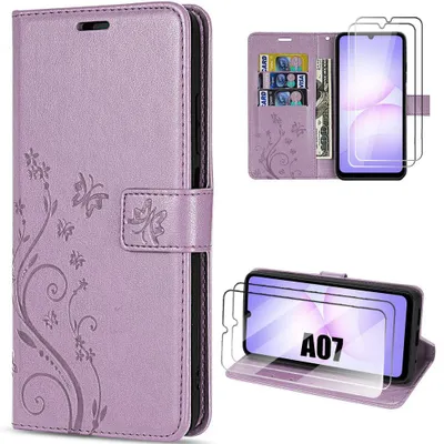 Image de Coque + 2 Verres Trempés pour Samsung Galaxy A07, Protection Antichoc Synthécuir Violet Motif Floral Papillon