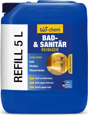 Produktbild von bio-chem Bad- und Sanitärreiniger - 5 Liter Kanister - Badreiniger Spray, WC-Reiniger, Kalkentferner mit Lotuseffekt, Kalkreiniger für Bad, Dusche, WC, Spülbecken u.v.m.