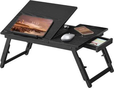 Zdjęcie produktu dla Stolik na laptop do łóżka - Składany stolik do łóżka - Bambus - Regulowana wysokość - 55 x 35 cm - Regulowany kąt nachylenia blatu