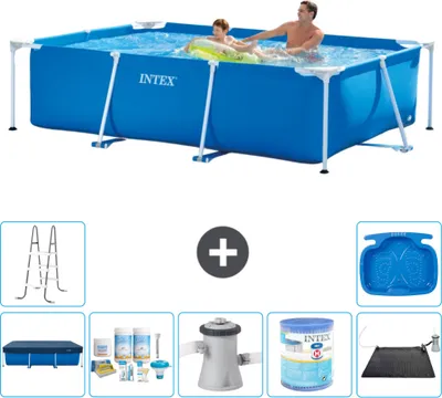 Produktbild von Intex-Schwimmbecken mit rechteckigem Rahmen – 260 x 160 x 65 cm – Blau – im Lieferumfang enthalten Abdeckung - Wartungspaket - Filterpumpe für Schwimmbad - Filter - Solarmatte - Leiter