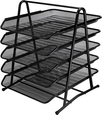 Obrázek produktu pro Unyqoos® Kovový držák dokumentů – 5úrovňový černý stojan (30 x 35 x 38 cm), robustní kovová konstrukce s odolnou práškovou povrchovou úpravou a gumovými nožičkami