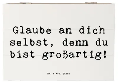Produktbild von Mr. & Mrs. Panda Holzbox Spruch Selbstvertrauen stärken 22 x 15 cm - Weiß - Geschenk, Truhe, Schatzkiste, Achtsamkeit, Zuversicht, Vertrauem, fotobox, Holztruhe, Kiste