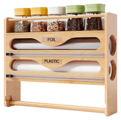 Produktbild von Folienspender mit Cutter & Küchenrollenhalter, Bambus, ohne Bohren, für 12" Folien