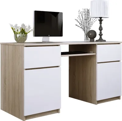 Produktbild von Schreibtisch: 2 Schubladen, Sonoma-Eiche / Mattweiß, 135 x 77 x 50 cm