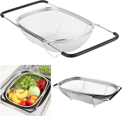 Obrázok produktu pre Kuchynské odtokové sito, nehrdzavejúca oceľ, 36-55.5x24x10 cm, s výsuvnými rukoväťami, na ovocie