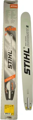 A chainsaw guide bar and its packaging are displayed against a white background.