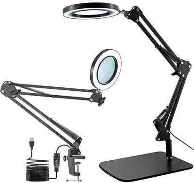 Produktbild von Unyqoos® LED-Lupenlampe – verstellbare Lupe mit 15× Vergrößerung, Glaslinse, 3 Lichtfarben & 10 Helligkeitsstufen, Klemme und Standfuß, flexibler Schwenkarm