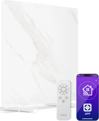 Image de Klarstein Radiateur Infrarouge 420W – Panneau Chauffant Silencieux, Thermostat, WiFi, Télécommande, Montage Mural ou Autonome, Sécurité Enfant, IP43, Marbre, 8m², Blanc