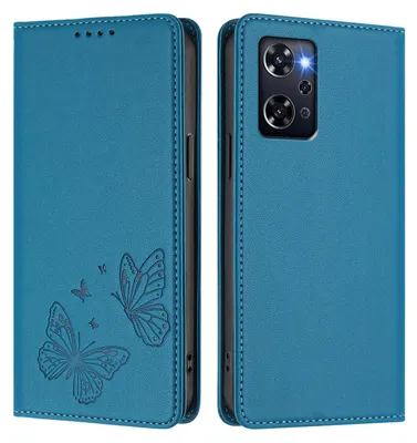 Image de Étui en cuir pour Oppo Reno9 A, motif papillon, étui à rabat avec porte-appareil, bleu