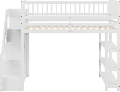Produktbild von Hochbett 90x200cm Holzbett (Ohne Matratze) Kinderbett Einzelbett Mit Hochschrank-Sicherheitsleiter Kleiderschrank und Regalen Multifunktionsbett Weiß