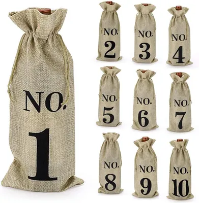Imagen del producto de Bolsas de yute para botellas de vino con números del 1 al 10, paquete de 10 unidades, reutilizables, con cordón para fiestas