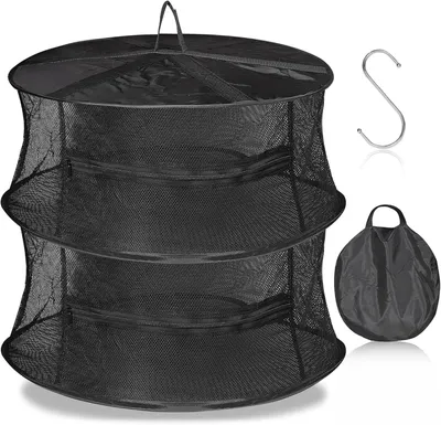A black, multi-tiered drying net with a hook and a folded carrying bag.