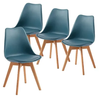 Immagine prodotto di Set di 4 sedie da pranzo, con seduta imbottita in ecopelle, gambe in legno di faggio, colore blu scuro, ideali per la sala da pranzo
