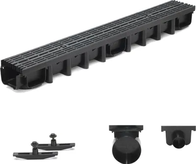 Produktbild von 1m Entwässerungsrinne für modulares System A15 98mm, komplett Stegrost Kunststoff, Schwarz Line