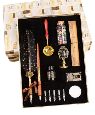 Produktbild von Kalligrafie Set mit Federkiel, Tinte und Siegelstempel - 1x Feder, 5x Spitzen, 1x Tinte, 1x Siegelwachs, 1x Stempel, Geschenkbox