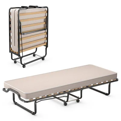 A folded and unfolded guest bed with a mattress, shown against a white background.