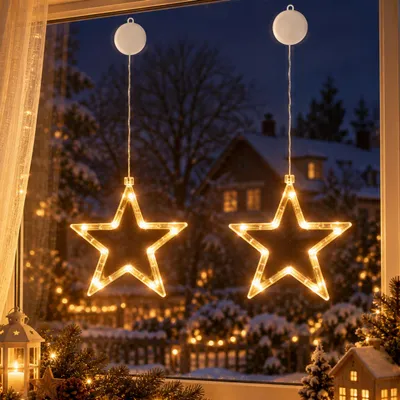 Produktbild von 2er-Pack LED Fenster Lichterkette mit Saughaken Batteriebetrieben Weihnachtsdekoration Festival Party Dekoration, Stern