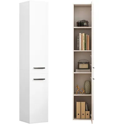 A tall, narrow white cabinet is shown next to its open interior, revealing shelves with various decorative items and books.