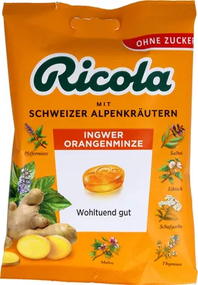Produktbild von Open Food Ingwer Orangenminze ohne Zucker - Ricola, CFP Brands - 75 g, 75 g, D, e296, e330, e953, e960a, Thymian, Eibisch, Pfefferminze, Frauenmantel, Malve, Paprikaölextrakt, Bibernelle, Natürliches..., 997 kJ, 239 kcal