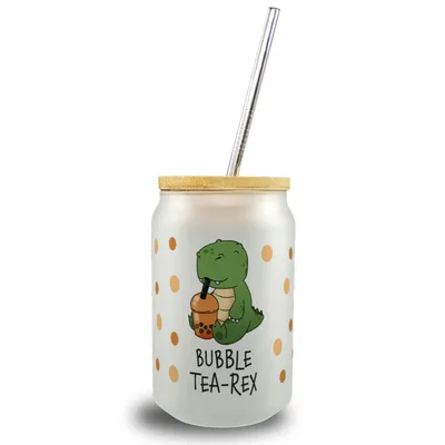 Produktbild von Bubble Tea-Rex Trinkglas mit Bambusdeckel mit T-Rex