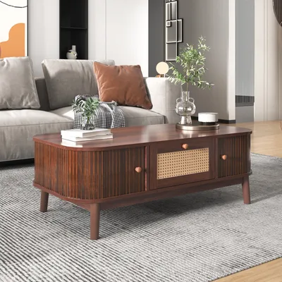 Produktbild von Couchtisch Rattan-Kaffeetisch, Schubladen mit Rattan und Schiebetüren mit Massivholzlatten, Massivholzbeine 110 L x 55 B x 38.5H(cm) Weiß