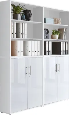 Produktbild von Aktenschrank TABOR 11 in weiß / weiß Hochglanz, Schrankwand, Büroschrank, abschließbar, Metallgriffe