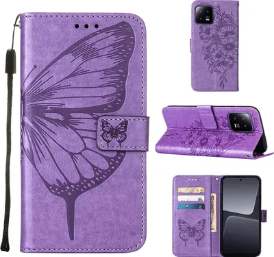 Immagine prodotto di Custodia in pelle per Xiaomi 13 farfalla in rilievo flip custodia in pelle slot per schede telefono cellulare con supporto viola