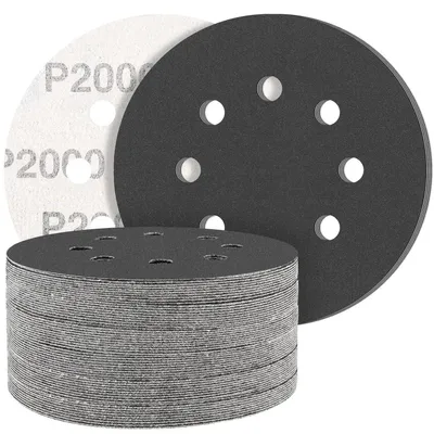 Zdjęcie produktu dla Papier ścierny z węglika krzemu, 125 mm, z rzepem, gradacja 2000, 50 sztuk, do użytku na mokro i sucho, 8 otworów