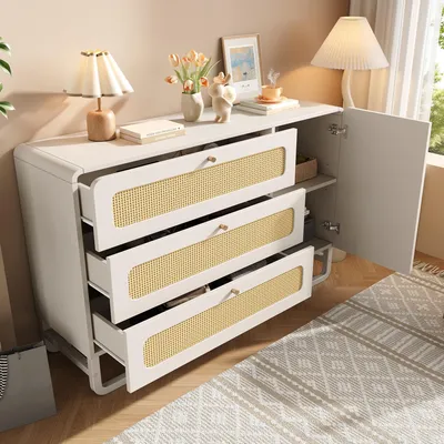 Produktbild von MODFU Kommode & Sideboard Aufbewahrungsschrank mit 3 Schubladen, Beistellschrank mit verstellbaren Einlegeböden und Kippschutz, Rattan-/Goldgriffe, Weiß