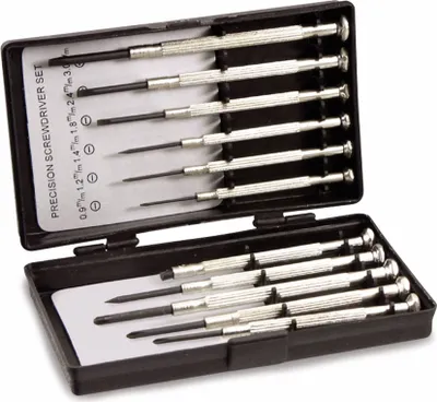 A set of precision screwdrivers in an open black case.