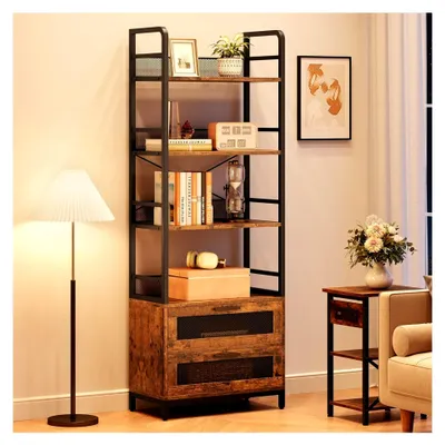 Produktbild von Bücherregal mit 4 Ebenen, Industrielles Design, Freistehendes Regal 80x30x180cm, Holz und Metallrahmen, Präsentationsregal für Wohnzimmer und Büro, Vintagebraun