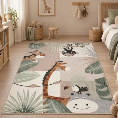 Produktbild von Kinder Teppich Softstar Kids Tierwelt Mintgrün Beige, Größe:120x170 cm, KI-generiertes Bild