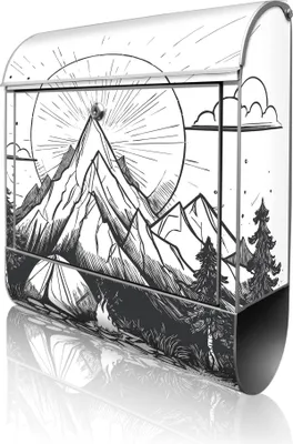 Produktbild von banjado Design Briefkasten Stahl silber mit Zeitungsfach pulverbeschichtet "Bergcamping Abenteuer 2" 38x46x12,5cm & 2 Schlüssel - Postkasten A4 Einwurf inkl. Montagematerial [BK 13169]
