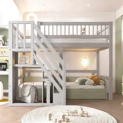Produktbild von MODFU Hochbett 90x200cm mit Rausfallschutz, Etagenbett Kinderbett mit Stauraum Treppe, Massivholzbett Stockbett mit Lattenrost, Jugendbett Bettgestell, Grau