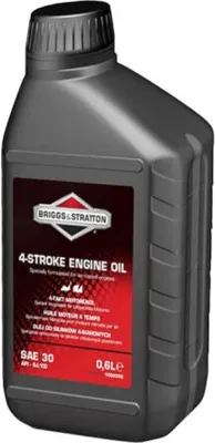 A bottle of Briggs & Stratton 4-stroke engine oil.