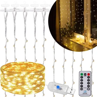 A product image showing a string of LED lights, a remote control, and a USB connector.