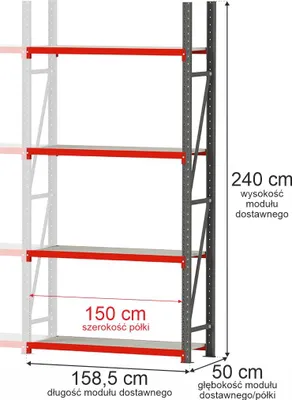 Zdjęcie produktu dla Regał metalowy magazynowy warsztatowy 4-półkowy Mega-M FORTIS 240x158,5x50 cm moduł dostawny 1800kg
