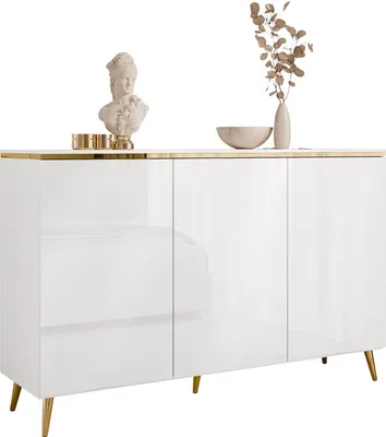 Produktbild von Dreitürige Kommode AURORA II weiß glänzend auf Beinen, Weiß / Weiß hochglanz, Beine: schräge gold chrom Beine