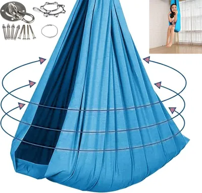 Produktbild von Große Kinder-Hängematte für drinnen & draußen, elastisch und atmungsaktiv, bis 300 kg belastbar, inklusive Montage-Set, 280 × 150 cm, Seeblau