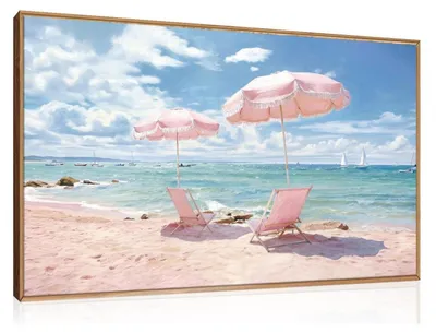 Productafbeelding van Canvas schilderij van een zeelandschap met lijst, 59x39 cm, roze strandmotief