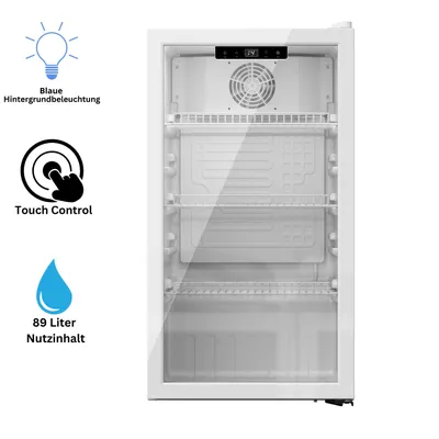 Produktbild von YUNA Cool-View GKS90W Glastürkühlschrank, 89 L – weiß mit LED & Touchdisplay